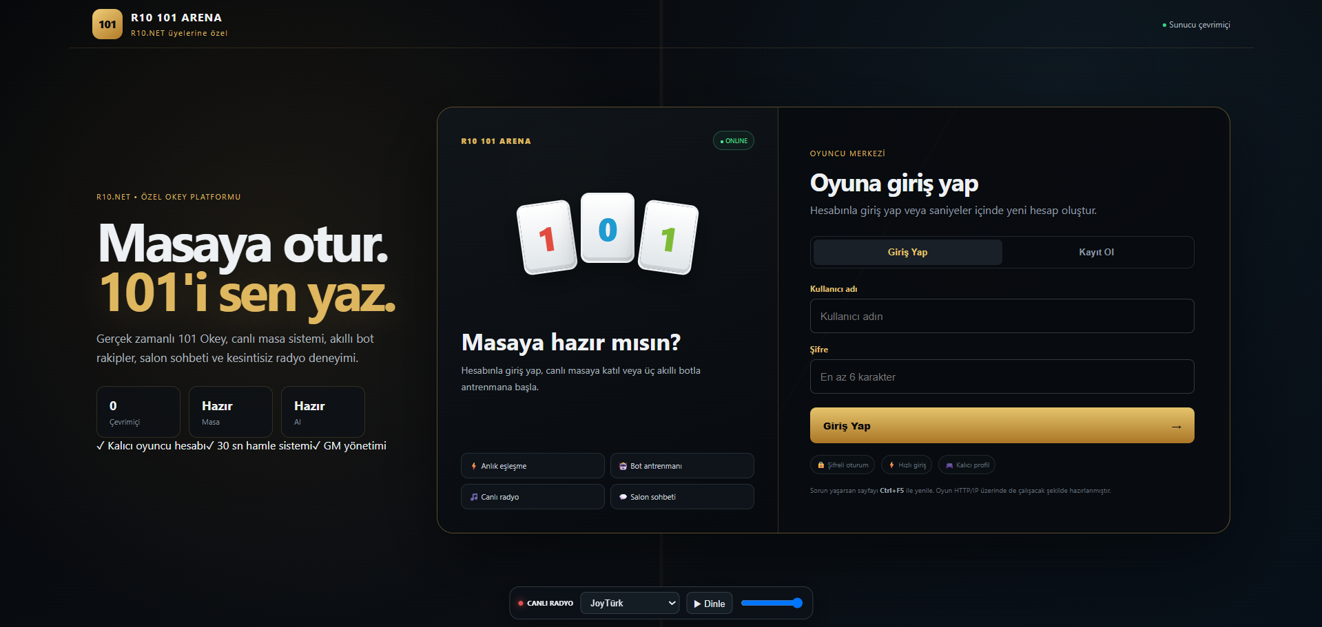 Tarayıcıdan Online 101 Okey Bot, Canlı Masa, Radyo, GM Paneli